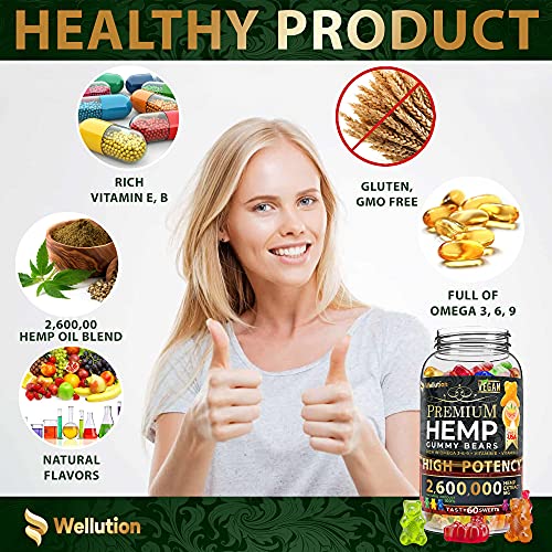 Wellution Hemp Gummies 2,600,000 XL High Potency - Fruity Gummy Bear with Hemp Oil - Natural Hemp Candy Supplements for Soreness, Stress & Inflammation - Promotes Sleep and Calm Mood