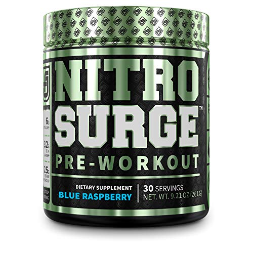 NITROSURGE Pre Workout Supplement - Energy Booster, Instant Strength Gains, Clear Focus, & Intense Pumps - Nitric Oxide Booster & Powerful Preworkout Energy Powder - 30 Servings, Blue Raspberry