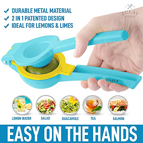 Zulay Metal 2-In-1 Lemon Lime Squeezer - Hand Juicer Lemon Squeezer - Max Extraction Manual Citrus Juicer (Blue Yellow)