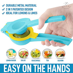 Zulay Metal 2-In-1 Lemon Lime Squeezer - Hand Juicer Lemon Squeezer - Max Extraction Manual Citrus Juicer (Blue Yellow)