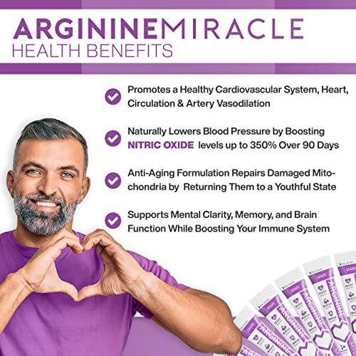 ARGININE MIRACLE, Pure L-Arginine, L-Citrulline, CoQ10 Supplement for Boosting Nitric Oxide, Supporting Cardio Heart Health, Blood Pressure, 7000 mg Per Packet, 180 Packets (Grape)