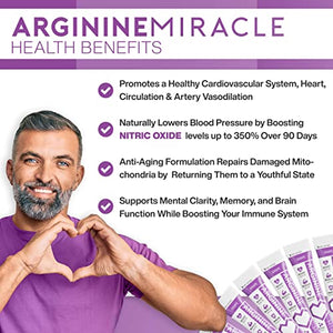 ARGININE MIRACLE, Pure L-Arginine, L-Citrulline, CoQ10 Supplement for Boosting Nitric Oxide, Supporting Cardio Heart Health, Blood Pressure, 7000 mg Per Packet, 180 Packets (Grape)