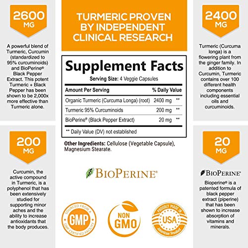 Turmeric Curcumin with Bioperine 95% Curcuminoids 2600mg with Black Pepper for Best Absorption, Made in USA, Best Vegan Joint Support, Turmeric Supplement Pills by Natures Nutrition - 180 Capsules