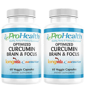 2-Pack Brain & Focus - Optimized Curcumin Longvida with BaCognize Bacopa Monnieri by ProHealth (60 Veggie Capsules)