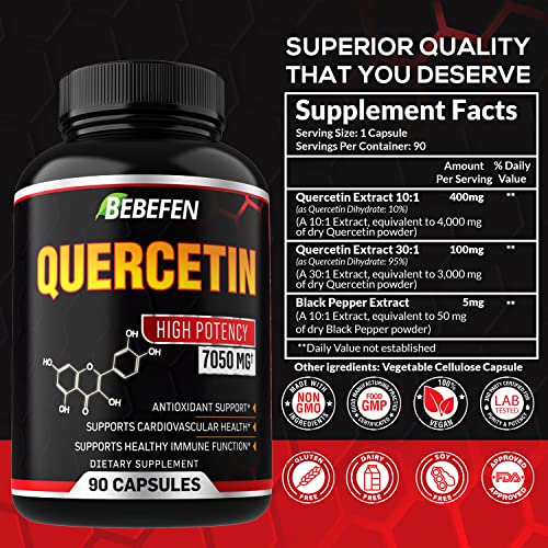 Quercetin Capsules - 7050mg Formula Pills with Black Pepper Extract - 90 Capsules Quercetin Pills for Supports Immune Health & Cardiovascular Health - 3 Month Supply