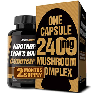 Natural Nootropic Organic Mushroom Complex - Lions Mane, Cordyceps & Reishi Mushroom Supplement as Brain Booster/Energy Pills Help Support Brain Power, Mental Clarity & Immune System, Veggie 2-Mons