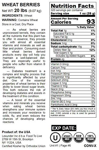 Wheat Berries, 20 Pounds — Non-GMO Verified, Sprouting for Wheatgrass, Kosher, Raw, Vegan, Bulk