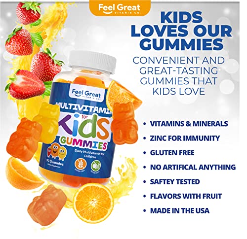 Vegetarian Kids Multivitamin Gummies by Feel Great Vitamin Co. | Plant Based Fruit Pectin Vitamins for Kids | Supports Growth of Bones & Muscles, Supports The Immune System with Zinc. | 45 Day Supply
