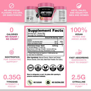 Honey Badger Pre Workout Powder | Vegan Keto Pink Lemonade Preworkout | Natural Energy for Men & Women | Beta Alanine, Caffeine & Vitamin C for Immune Support | Sugar Free & Paleo | 30 Servings