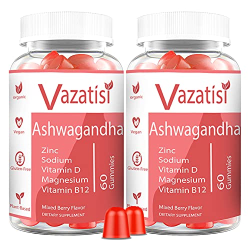 2 Pack Ashwagandha Gummies with Zinc, Sodium, Magnesium, Vitamin B12, Vitamin D - Calm, Relaxation, Mood, Energy & Immune Support, Women & Men, Adults & Kids - 120 Vegan Gummies