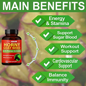 7 in 1 Ultra Horny Goat Weed with Panax Ginseng Capsules 9350 mg - Maximum Strength with Ashwagandha Tribulus Maca Root Enhance Energy Stamina for Men Women 1 Bottle - 3 Month Supply