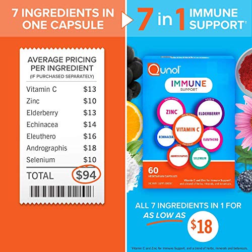 Qunol Immune Support, Vegetarian Capsules, 7 in 1 Immunity Defense Booster Supplement, Vitamin C, Zinc, Elderberry, Echinacea, Selenium, Eleuthero and Andrographis, 30 Count