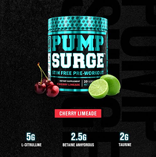 PUMPSURGE Caffeine Free Pump & Nootropic Pre Workout Supplement - Non Stimulant Preworkout Powder & Nitric Oxide Booster - 20 Servings, Cherry Limeade