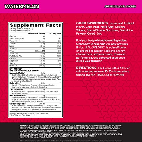 BSN N.O.-XPLODE Pre Workout Powder, Energy Supplement for Men and Women with Creatine and Beta-Alanine, Flavor: Watermelon, 30 Servings