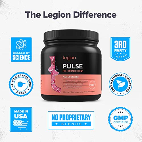 Legion Pulse Pre Workout Supplement - All Natural Nitric Oxide Preworkout Drink to Boost Energy, Creatine Free, Naturally Sweetened, Beta Alanine, Citrulline, Alpha GPC (Pink Lemonade) 21 Servings