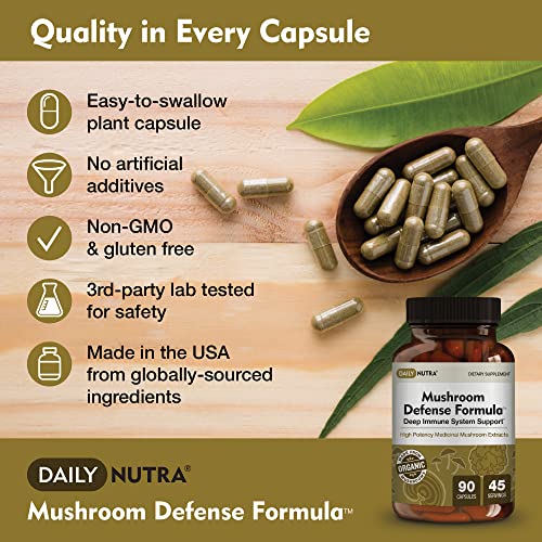 Mushroom Defense Formula by DailyNutra - Immune Support Supplement | Organic Mushrooms, Hot Water Extracted - Reishi, Chaga, Maitake, Shiitake & Turkey Tail (90 Capsules)