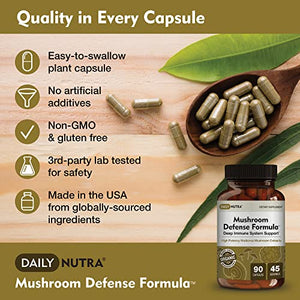 Mushroom Defense Formula by DailyNutra - Immune Support Supplement | Organic Mushrooms, Hot Water Extracted - Reishi, Chaga, Maitake, Shiitake & Turkey Tail (90 Capsules)
