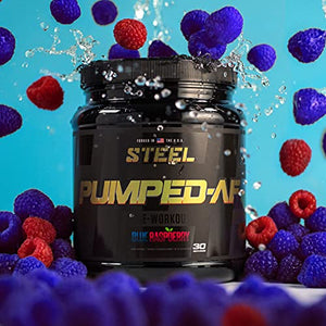 Steel Supplements Pumped-AF Pre Workout Powder with N.O.7, 6g L-Citrulline & Kre-Alkalyn | Non Stimulant, Caffeine Free, Increase Blood Flow & Hydration | 30 Servings (Blue Raspberry)