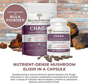 Real Mushrooms Chaga Capsules for Digestive Health and Immune Support (120ct) Vegan, Non-GMO Chaga Extract Supplements, Verified Levels of Beta-Glucans