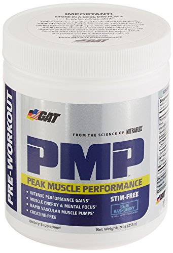 GAT PMP (Peak Muscle Performance), Next Generation Pre Workout Powder for Intense Performance Gains, Stimulant Free Blue Raspberry, 30 Servings