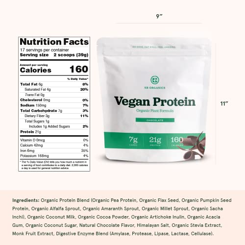 SB Organics Chocolate Vegan Protein Powder - 1.46 lb Canister of Plant Based Organic 21g Protein Blend Shake Mix - Soy, Dairy, and Gluten Free