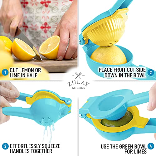 Zulay Metal 2-In-1 Lemon Lime Squeezer - Hand Juicer Lemon Squeezer - Max Extraction Manual Citrus Juicer (Blue Yellow)