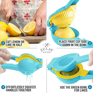 Zulay Metal 2-In-1 Lemon Lime Squeezer - Hand Juicer Lemon Squeezer - Max Extraction Manual Citrus Juicer (Blue Yellow)