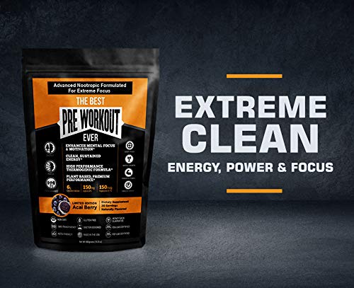 The Best Pre Workout Ever All Natural Nootropic Preworkout Powder - Clean Energy Boost Focus & Strength - Muscle Builder Supplement for Men & Women - Keto Friendly Plant Based & Limited Acai Berry