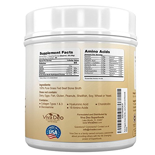 Viva Deo - Bone Broth Protein Powder - Grass Fed Beef - Mixes Instantly - Antibiotic & Hormone Free | Keto Diet Paleo Protein Powder w/Naturally Occurring Collagen & 19 Amino Acids – 20 Grams Protein