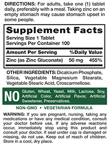 Nature's Truth Chelated Zinc 50mg | 100 Tablets | Essential Mineral Supplement | from Zinc Gluconate | Vegetarian, Non-GMO, Gluten Free