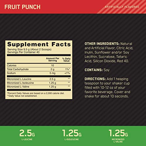 Optimum Nutrition Instantized BCAA Powder, Keto Friendly Branched Chain Essential Amino Acids, 5000mg, Fruit Punch,13.40 oz, 40 Servings (Packaging May Vary)