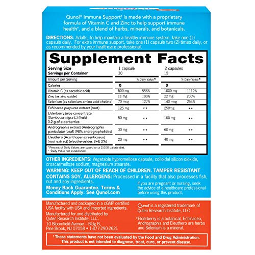 Qunol Immune Support, Vegetarian Capsules, 7 in 1 Immunity Defense Booster Supplement, Vitamin C, Zinc, Elderberry, Echinacea, Selenium, Eleuthero and Andrographis, 30 Count