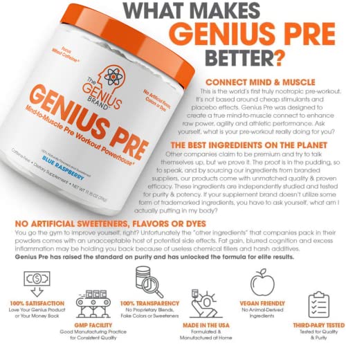 Genius Pre Workout Powder – All Natural Nootropic Preworkout & Caffeine Free Nitric Oxide Booster w/Beta Alanine & Alpha GPC | Boost Focus, Energy & NO | Muscle Builder Supplement - Blue Raspberry