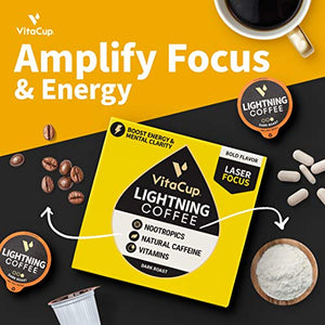 VitaCup Lightning Coffee Pods, Enhance Memory & Focus with 2X Caffeine, Nootropics, B Vitamins, D3, Extra Strong Dark Roast Coffee, Recyclable Single Serve Pod Compatible w/ Keurig K-Cup Brewers,16 Ct