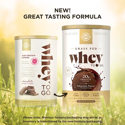 Solgar Grass Fed Whey to Go Protein Powder Chocolate, 13.2 oz - 20g of Grass-Fed Protein from New Zealand cows - Great Tasting & Mixes Easily - Supports Strength & Recovery - Non-GMO, 13 servings