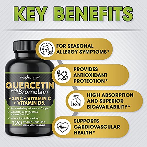 Quercetin with Vitamin C and Zinc - Quercetin 500mg - Quercetin with Bromelain - Zinc Quercetin - 120 Veggie Caps. Quercetin Supplements + Vitamin D3 (Non-GMO, Gluten-Free, Vegan) 2 Month Supply