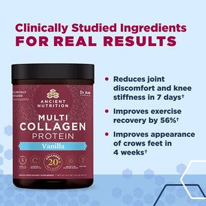 Collagen Powder Protein by Ancient Nutrition, Multi Collagen Vanilla Protein Powder, 45 Servings, with Vitamin C, Hydrolyzed Collagen Peptides Supports Skin and Nails, Gut Health, 16.7oz
