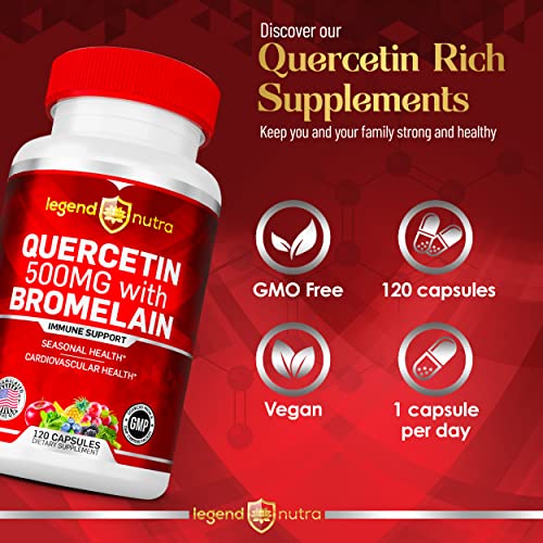 Quercetin 500mg with Bromelain, 120 Vegetable Capsules, Immune System Support Supplement, Seasonal Health, Cardiovascular Health by Legend Nutra