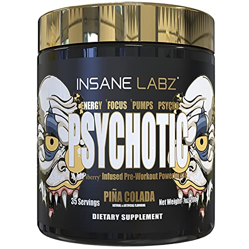 Insane Labz Psychotic Gold, High Stimulant Pre Workout Powder, Extreme Lasting Energy, Focus, Pumps and Endurance with Beta Alanine, DMAE Bitartrate, Citrulline, NO Booster, 35 Srvgs, Pina Colada