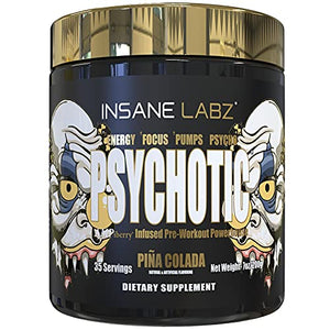 Insane Labz Psychotic Gold, High Stimulant Pre Workout Powder, Extreme Lasting Energy, Focus, Pumps and Endurance with Beta Alanine, DMAE Bitartrate, Citrulline, NO Booster, 35 Srvgs, Pina Colada