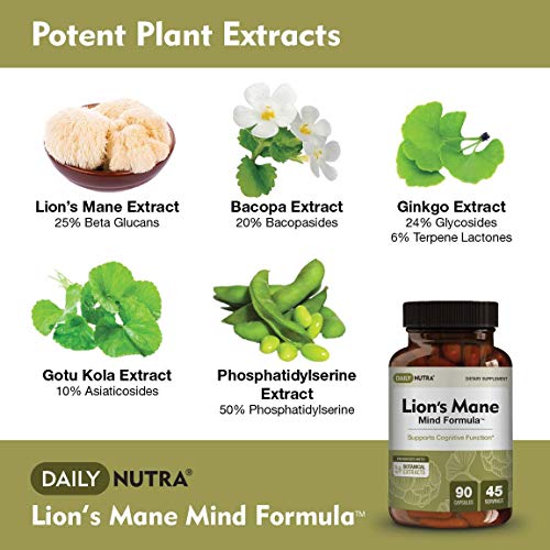 Lion’s Mane Mind Formula by DailyNutra - Nootropic Supplement for Cognitive Health | Organic Mushroom Extract with Bacopa, Gingko, Gota Kola, and Huperzine-A (90 Capsules)