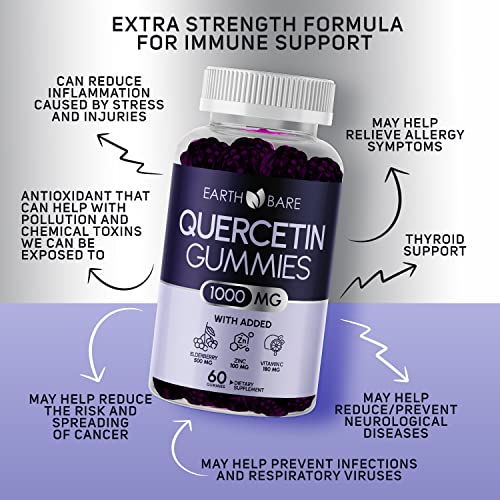 Quercetin 1000mg ZINC Gummies - 60 Delicious Gummies of Quercetin with Vitamin C and Zinc and Elderberry for Boosted Immune Support | High-Potency Zinc Quercetin Gummies | 1 Month Supply