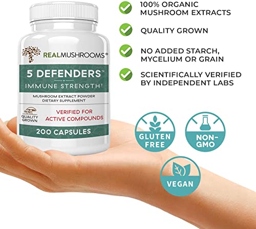 Real Mushrooms 5 Defenders Mushroom Supplements for Immune Support (200ct) Promote Better Overall Wellbeing w/ Chaga, Shiitake, Maitake, Turkey Tail, & Reishi Mushroom | Vegan, Non-GMO