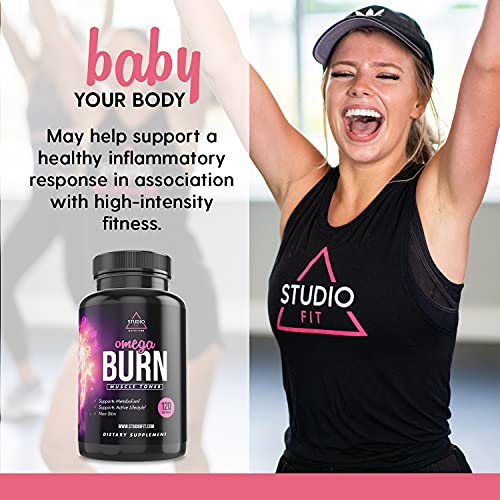 StudioFit Omega Burn Muscle Toner for Women | MCT Oil, L-Carnitine, CLA, Fish Oil & Flaxseed Oil Omegas | Healthy Metabolism, Heart & Joint Function Support | Packaging May Vary | 30 Serv, 60 Softgels