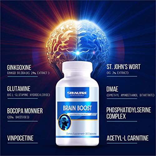STANUTRE Brain Boost Nootropic, Memory Focus &Clarity Formula,Ginkgo Biloba, St.John's Wort, Bacopa Extract & More, for Mental Sharpness Improvement, Capsule Supplement 30 Count