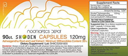 Shoden Ashwagandha Extract Capsules | 120mg | 90 Count | 35% Withanolides