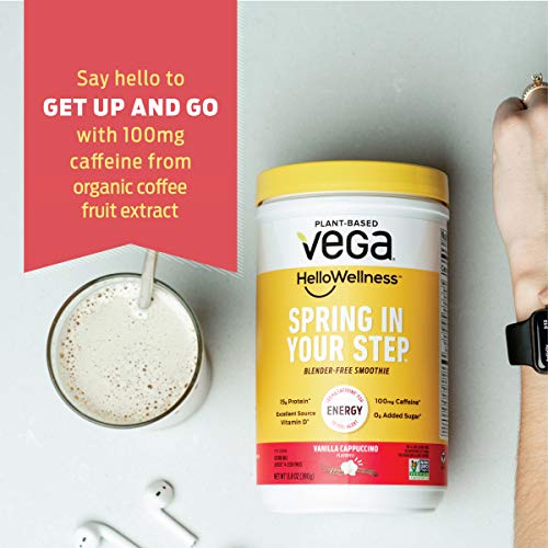 Vega Hello Wellness Spring in Your Step Blender Free Smoothie 14 Servings oz Plant Based Vegan Protein Powder 100mg Caffeine Vitamin D, Energy - Vanilla Cappuccino, 13.8 Ounce