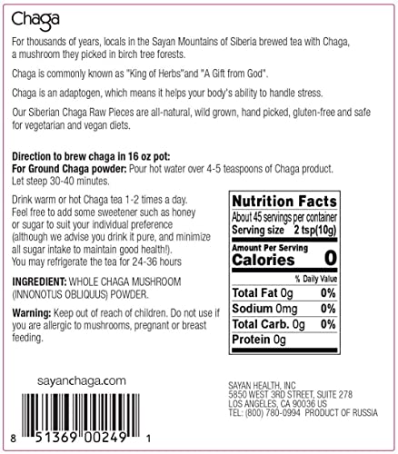 Sayan Siberian Raw Ground Chaga Powder 1 Lbs (454g) - Wild Forest Mushroom Tea, Powerful Adaptogen Antioxidant Supplement - Support for Immune System, Digestive Health and Inflammation Reduction