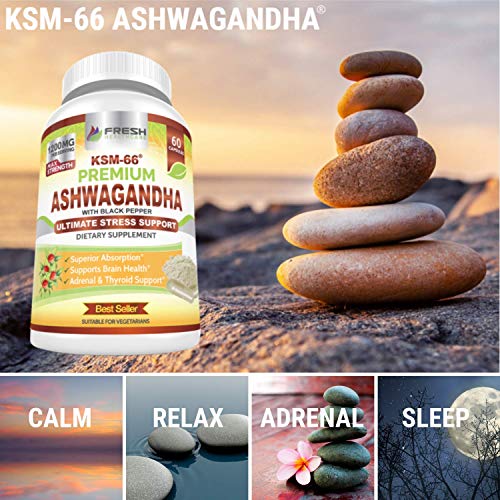 Ashwagandha KSM-66 by Fresh Healthcare, 1200mg Pure and Potent Root Extract Capsules with Natural Black Pepper for High Absorption, Non-GMO Vegan Supplement Pills