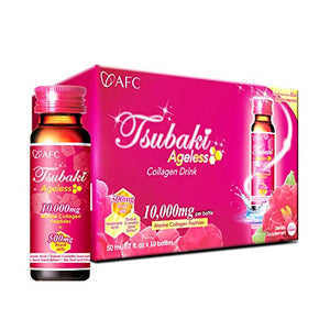 AFC Japan Tsubaki Ageless Beauty Collagen Drink from Japan with 10,000mg Marine Collagen Peptides + 500mg Royal Jelly + Hyaluronic Acid + Vitamin Bs & C for Skin Revitalization (1.69fl.ozx10 Bottles)